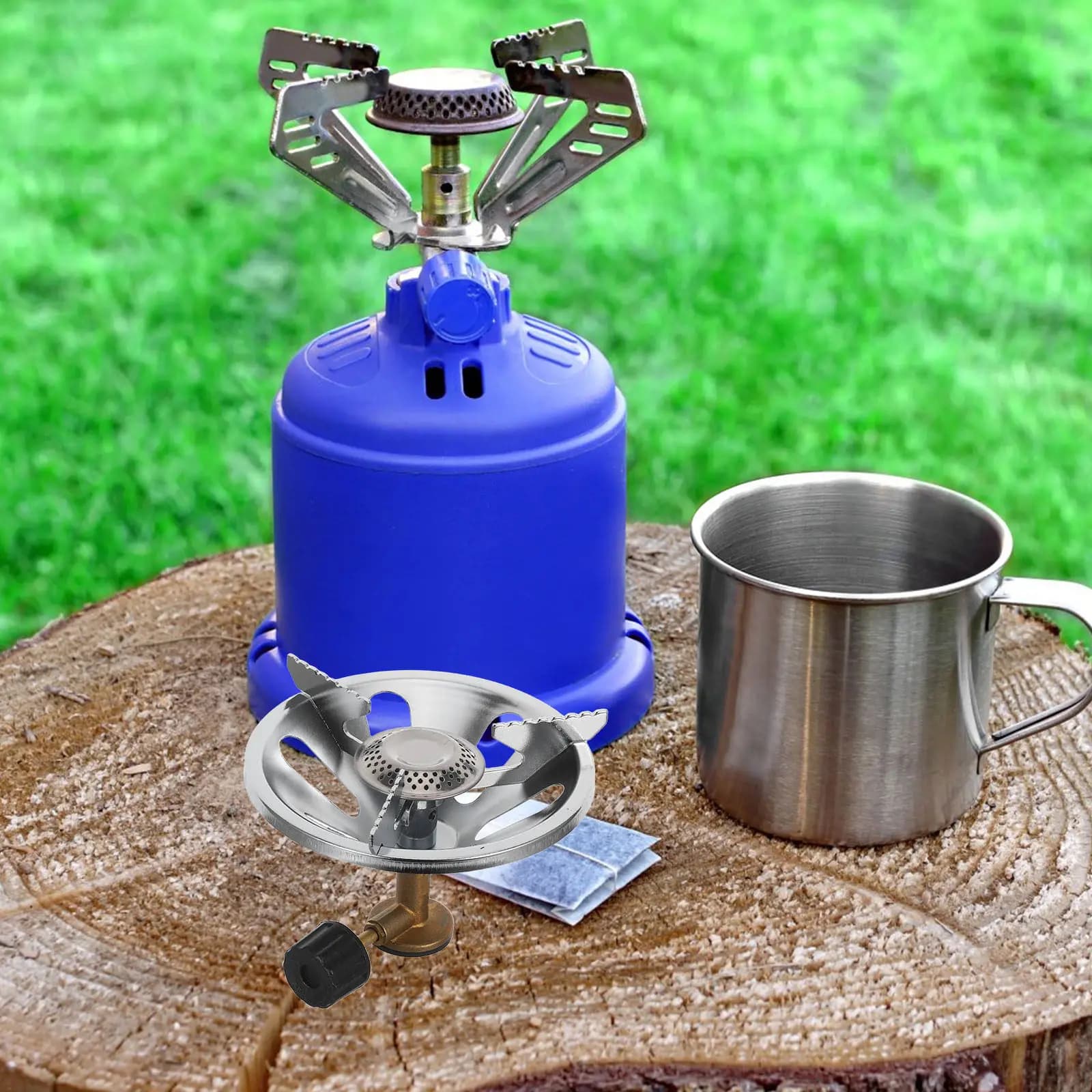 Fornello da campeggio portatile a gas, realizzato in rame e acciaio inossidabile, antiruggine, pieghevole e compatto per cucinare all'aperto e fare escursioni