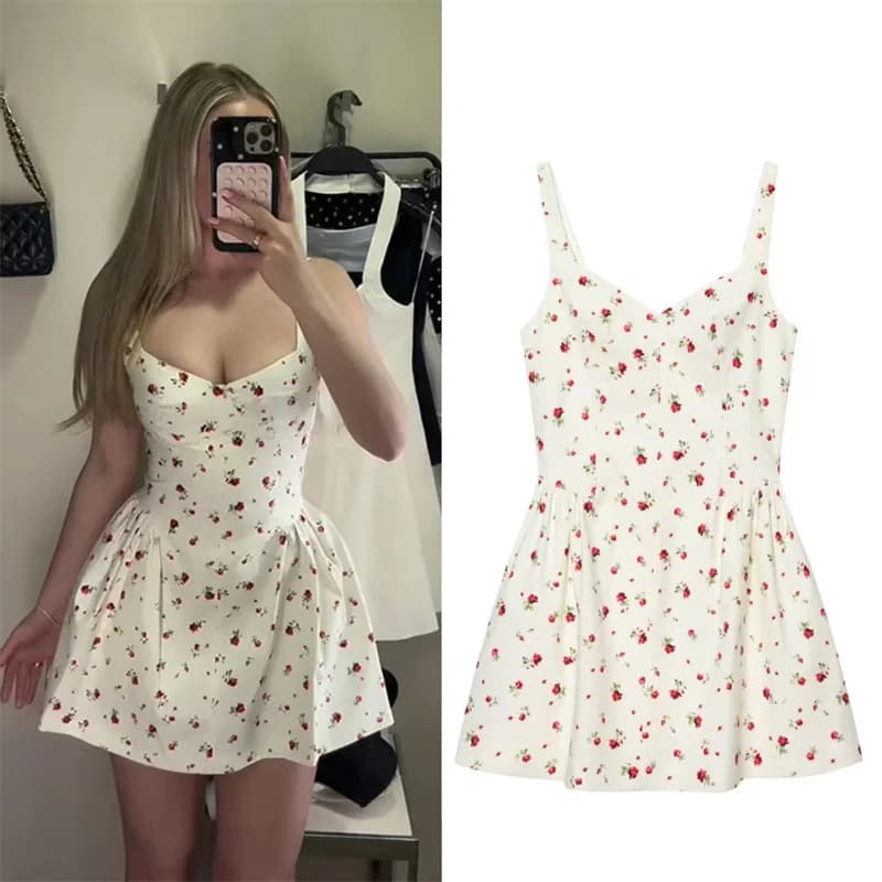 Abito da Donna Primavera 2026 Nuovo Stile, Base Bianca con Stampa Floreale, Spalline Sottili, Vestito Corto a Sbuffo, Sexy e alla Moda, Vivace
