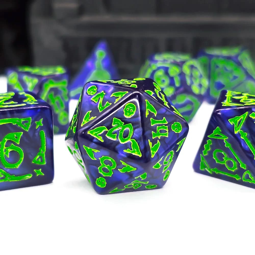 Set di Dadi Cthulhu Blu Scuro e Verde Neon, Set di 7 Dadi Poliedrici per Giochi di Ruolo da Tavolo e Horror, Set di Dadi per D&D, TRPG