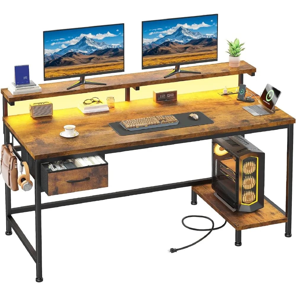 DurayLoly 47.2" Office Desk with Power Outlet & Monitor Stand,Rustic Brown | Computer Desk with LED Lights,Reversible CPU Stand,Fabric Drawer,2 Headphone Hooks,Home Work,Study,Small Spaces,Bedroom