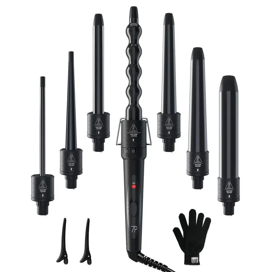 Iron Set Arricciacapelli 7 Pieces with Interchangeable Ceramic Cylinders from 0.35 to 1,25 Inches, Protective Thermal Glove, 2 Clips, Double Function