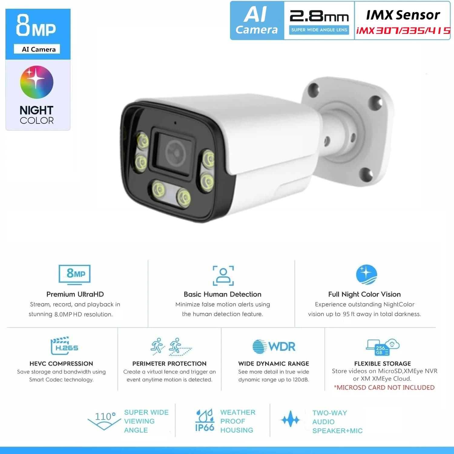 Telecamera bullet IP AI da 8 MP 6 MP 3 MP IMX307 IMX335 IMX415 H.265 CAM impermeabile POE a colori notturni con rilevamento umano
