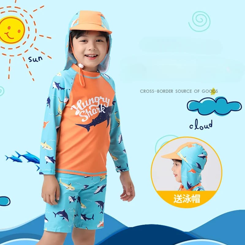 Children's and boys' swimsuit, long sleeved, with solar protection, fast drying, for pool and sea, two pieces with hood