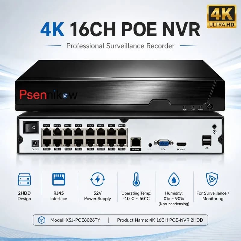 Psennikow Tuya 16CH Smart NVR H.265 PoE 8MP Security IP Camera Video Surveillance CCTV System Remote Viewing Network Recorder
