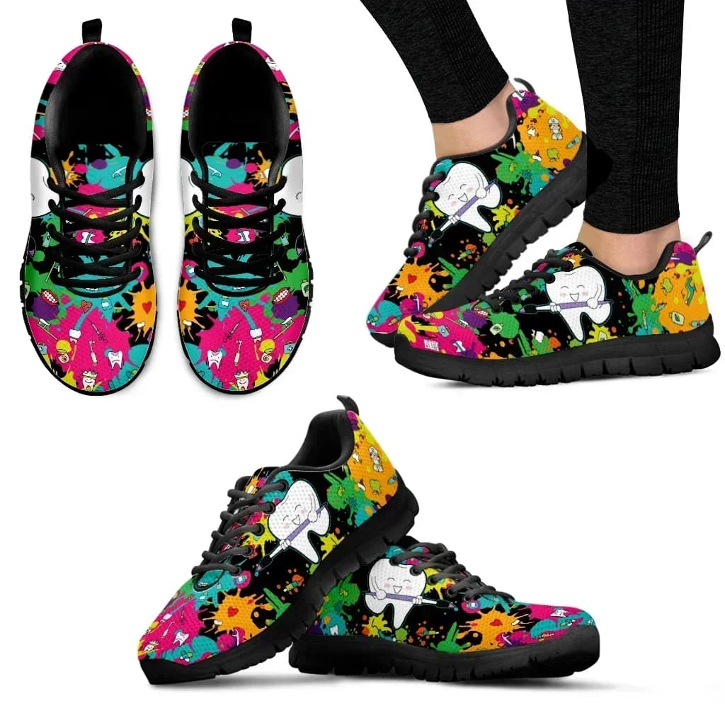 Scarpe da ginnastica tie-dye in rete con stampa di denti a cartone animato, scarpe da passeggio da donna per esterni, scarpe da tennis.