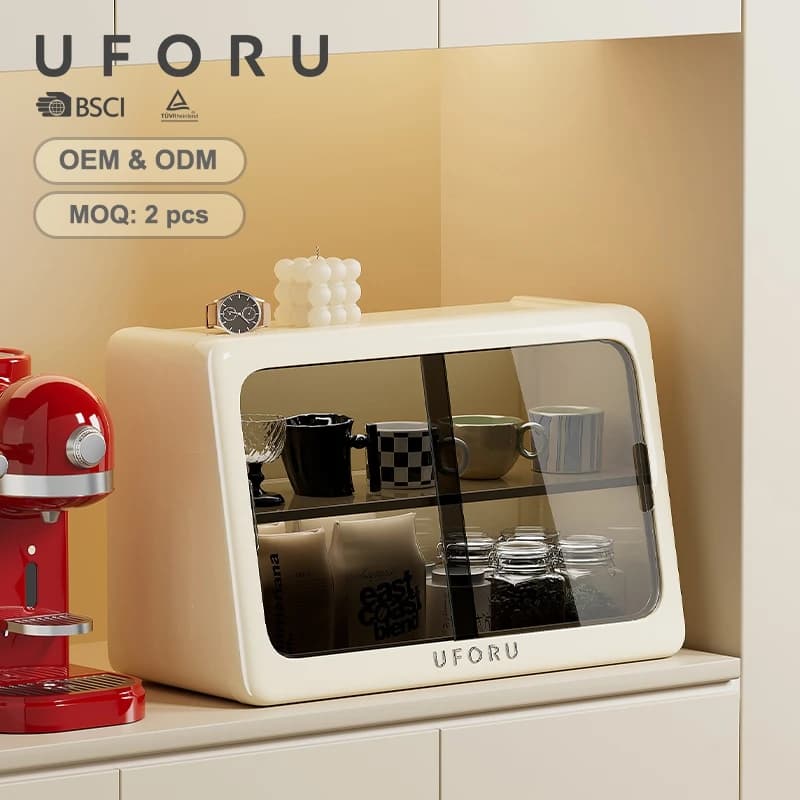 UFORU Dustproof Cup Storage Box Double Layer Large Capacity Sliding Door Coffee Mug Organizer for Kitchen Office Desktop
