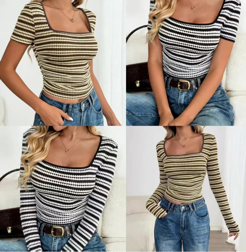 T-shirt da donna in tessuto testurizzato, alla moda e comoda, a righe, a maniche lunghe e corte, due magliette in maglia casual da donna
