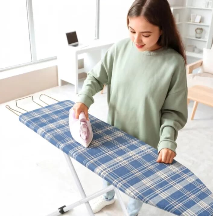 Asse da Stiro Pieghevole Full-Size 42 Pollici, Robusta e Regolabile in Altezza, con Copertura Termoresistente, Fantasia Scozzese Blu, Gambe Antiscivolo