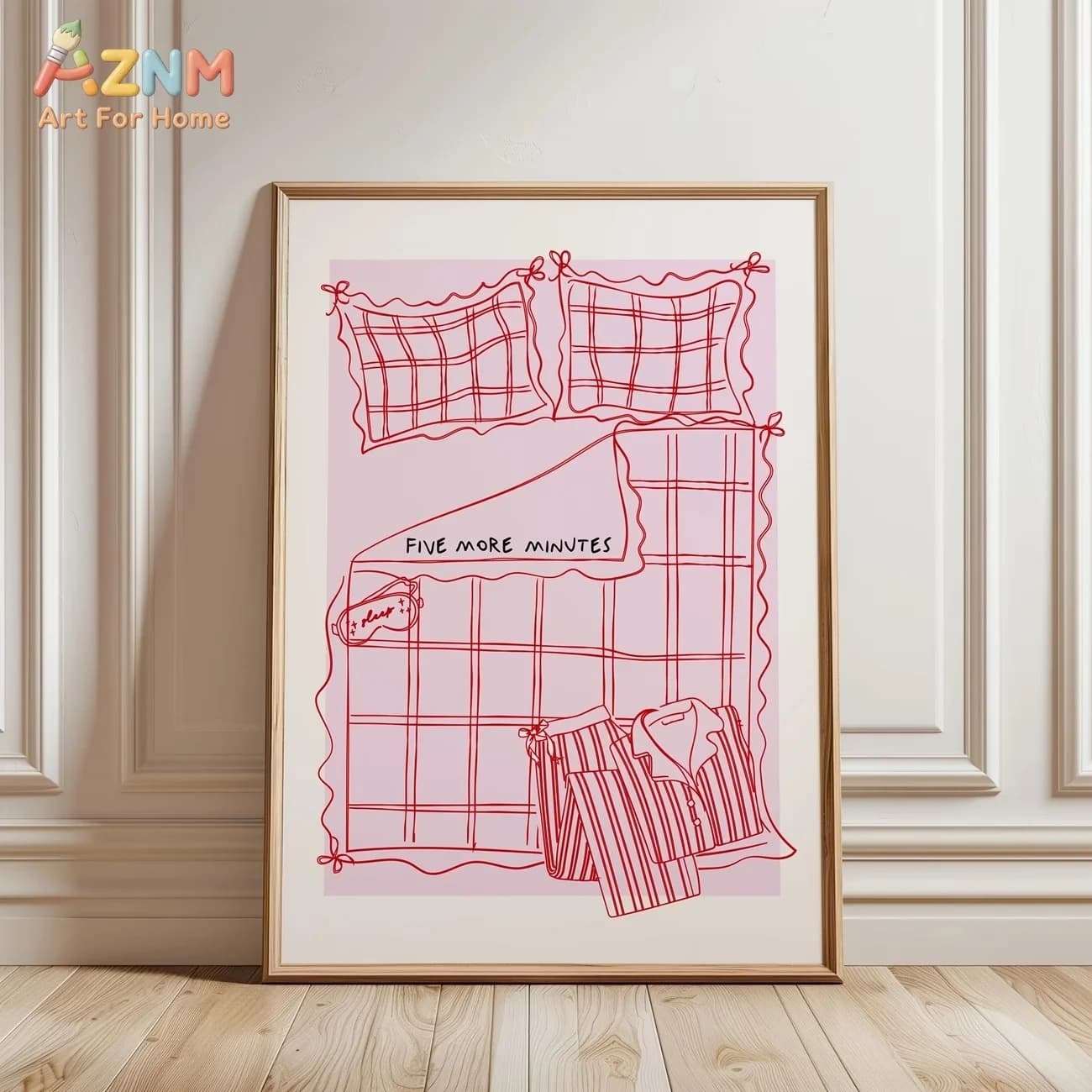 AZNM Five More Minutes Bed Pajamas Pink Line Art Bedroom Canvas Wall Art Print Decor