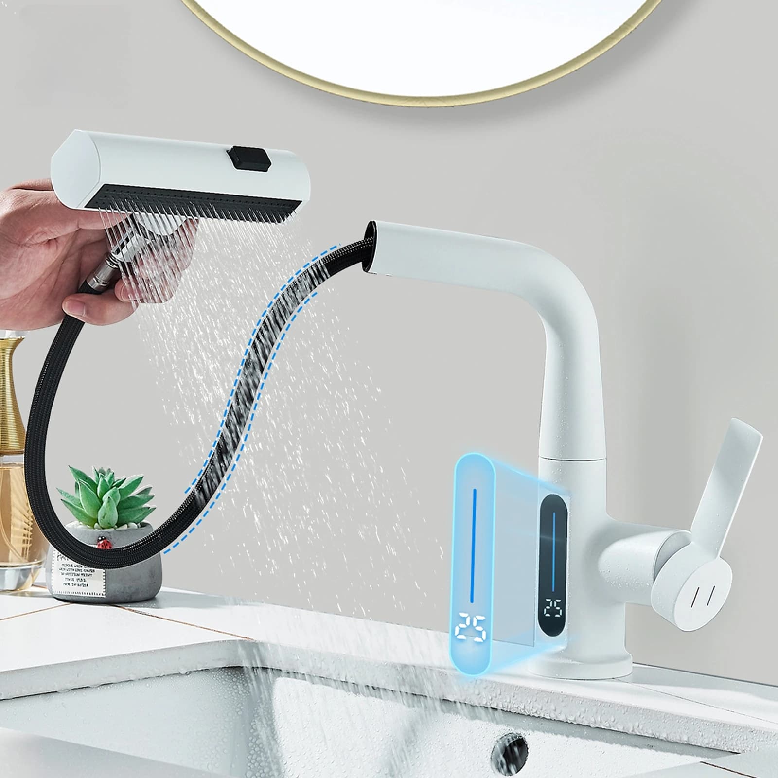 Rubinetto per lavabo con display digitale Rubinetti per bagno con sollevamento estraibile Ugello a 3 vie Spruzzatore a getto di pioggia Miscelatore acqua calda fredda