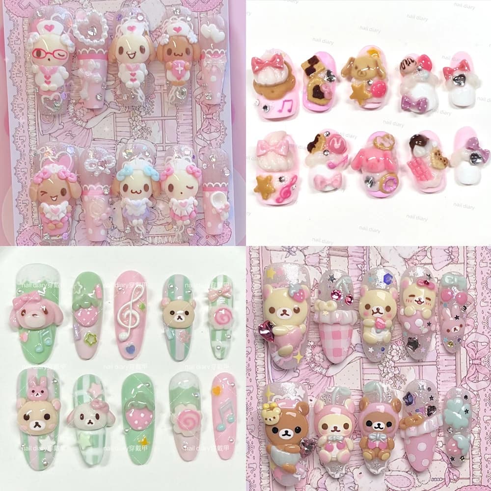 10Pcs Handmade 3D Bear Rilakkuma Rabbit Press On Nail Art Stickers Bowknot Cake Cream Chocolate Manicure Birthday Gift