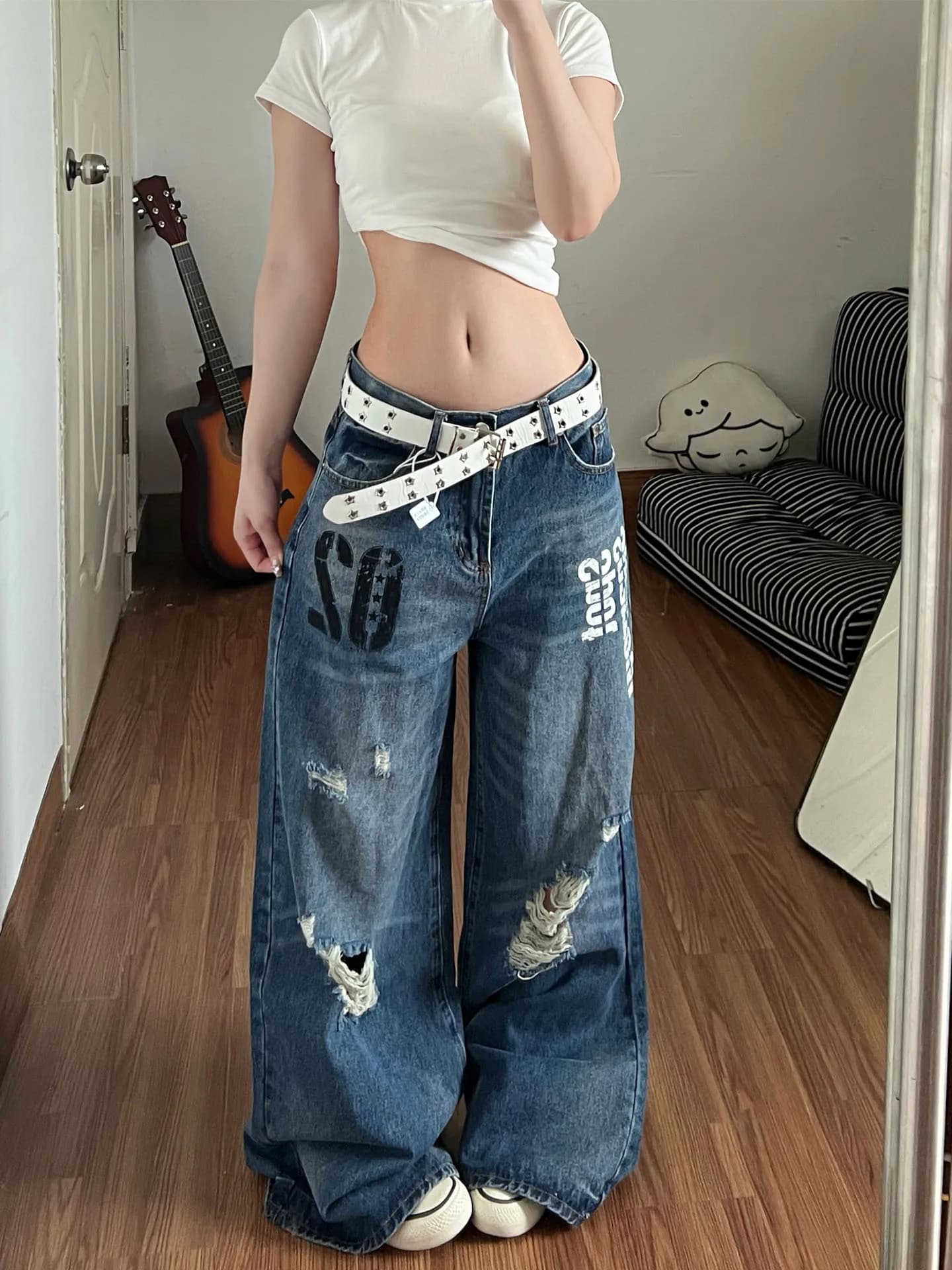 Retro American Distressed Letter Print Hole Denim Jeans Women's Spring New Street Loose Wide Leg Pants High Waist Blue