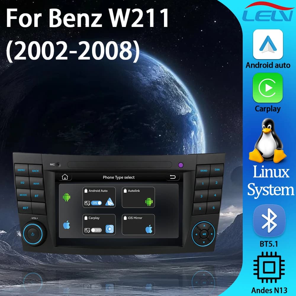 Autoradio LELV 7'' Linux per Mercedes Benz Classe E W211 E200 E220 E300 E350 E240 E280 Classe CLS W219 con CarPlay e Android Auto
