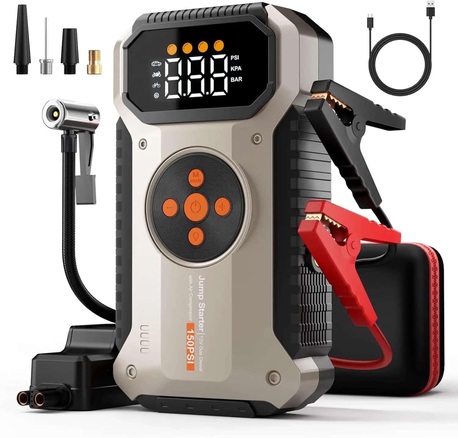 Avviatore di Emergenza e Compressore d'Aria 5500A, Gonfiatore Pneumatici 150 PSI, Power Bank 12V per Motori a Benzina 9.5L/Diesel 8.0L