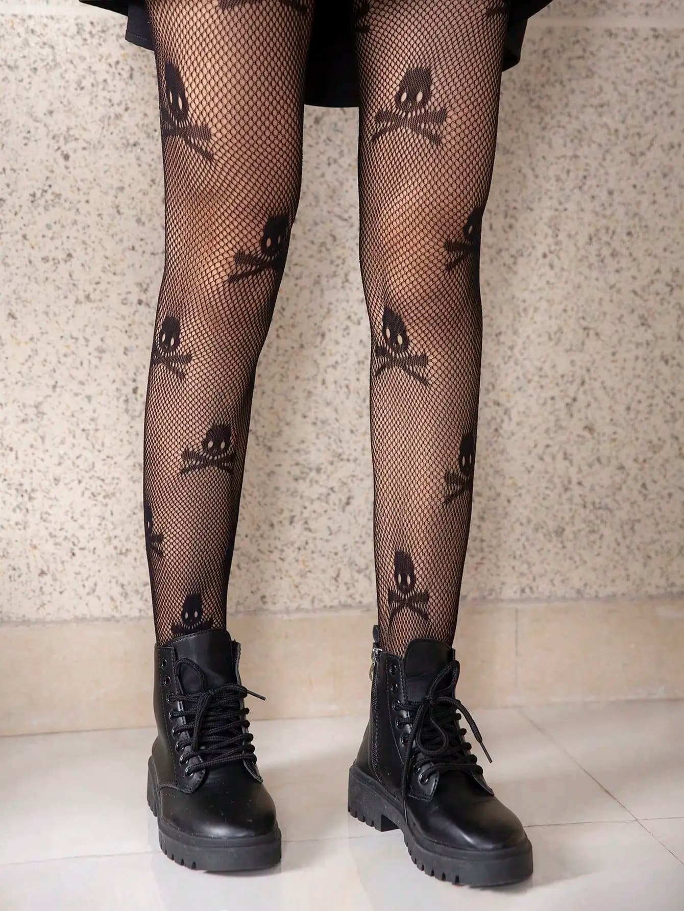1pc Women Sexy Black Skull Pattern Leggings, Punk Hollow Tights, Fishnet Stockings For Streetwear