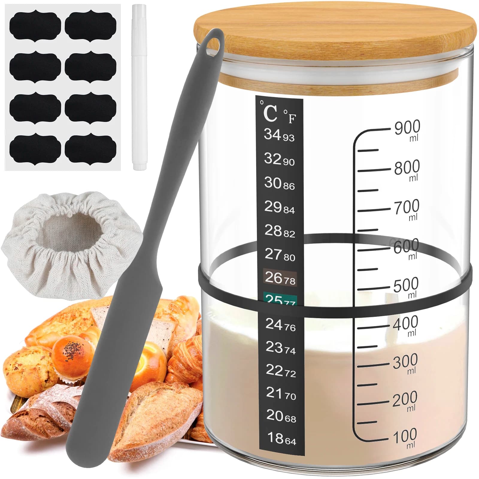 Barattolo di fermentazione a lievitazione naturale Contenitore per avviamento a lievitazione naturale da 900 ml Barattolo di vetro trasparente Forniture per cottura a lievitazione naturale Bocca larga con coperchio