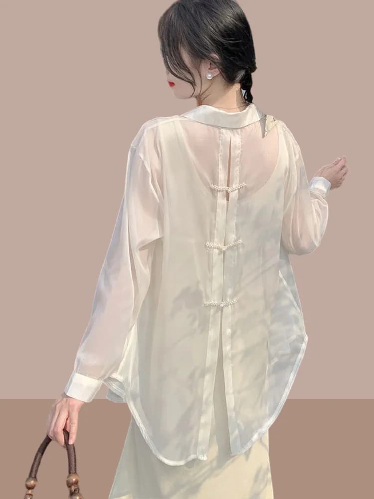 Women's Shirt Strap Dress Two-Piece Set Beautiful Sunscreen Casual Fashionable Collar Long Sleeve Ensemble Outfit
