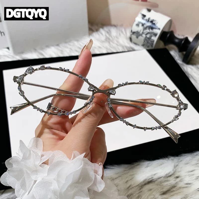 Fashion Diamond Ellipse Glasses for Women Metal Blue Light Blocking Glasses Japanese Men Retro Trendy Reading Y2K Eyeglasses