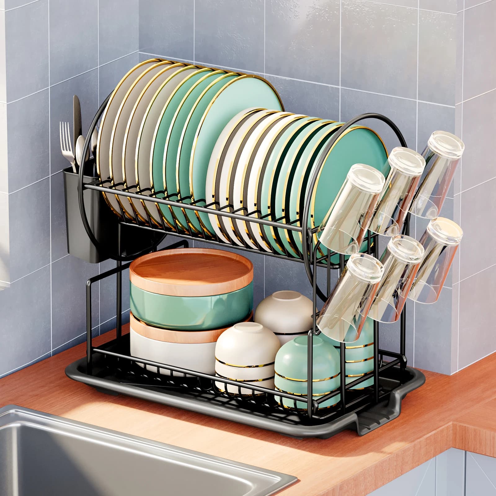 Set of 2-level dishes, tableware, kitchen holders, cup holders, knife holders and forks