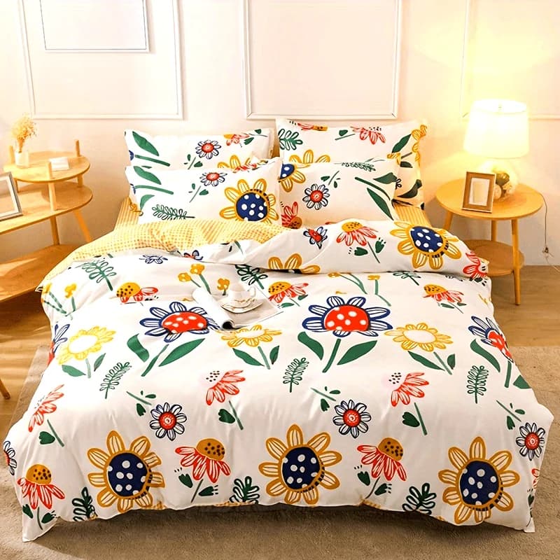 4pcs Thicken Soft Breathable & Moisture Wicking Floral Pattern Print Bedding Set (1 Duvet Cover+2 Pillowcases+1 Fitted Sheets)