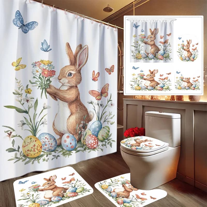 Set di tende da doccia con stampa di uova di coniglietto pasquale da 4 pezzi, kit di decorazioni per il bagno include tenda da doccia stampata, tappetino da bagno antiscivolo, WC