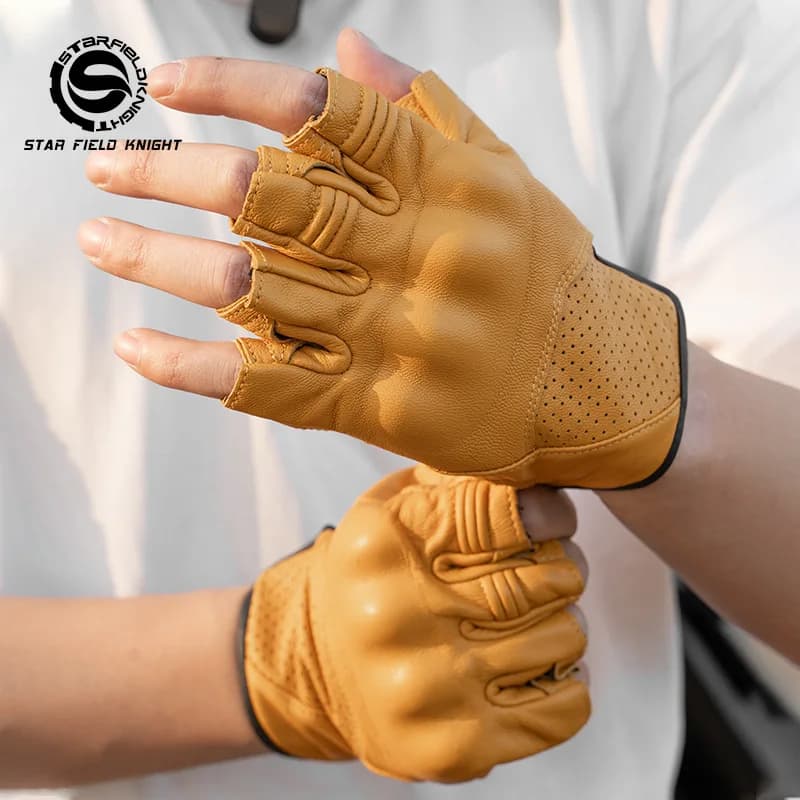 STAR FIELD KNIGHT SKG-538 Men Motorcycle Half Finger Gloves Goatskin Leather Perforated Breathable Summer Riding Gloves