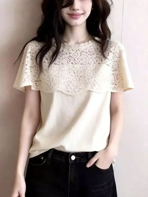plus Size Lace Hollow out Short Sleeve T-Shirt Women Summer Slimming Design Sensation Body Shirt Casual Loose Fit round Neck