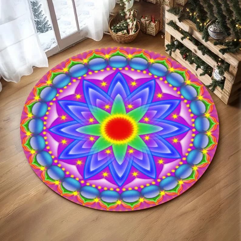Round Carpet Printed with Colorful mandala Soft Mat for Girls Bedroom Living Sofa Reading Table Practice yoga