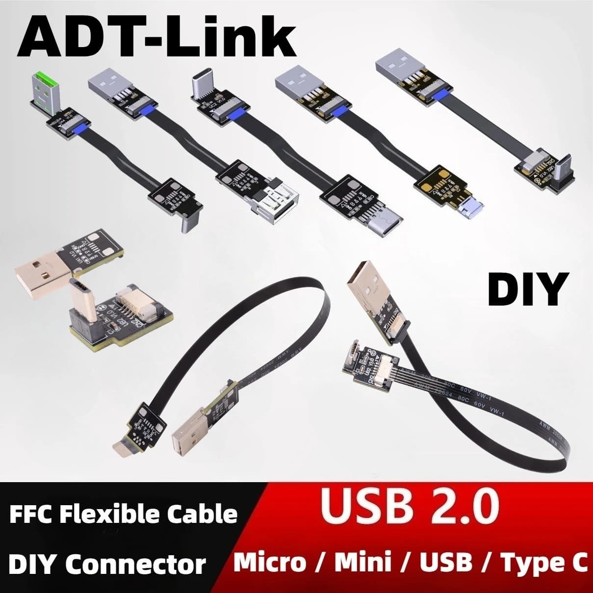 Do-it-to-Te Flexible Plate Cable for Raspberry Pi, Type-C Mini/Micro USB2.0, FFC FPV Connector for PCB, FPC Charging Adapter