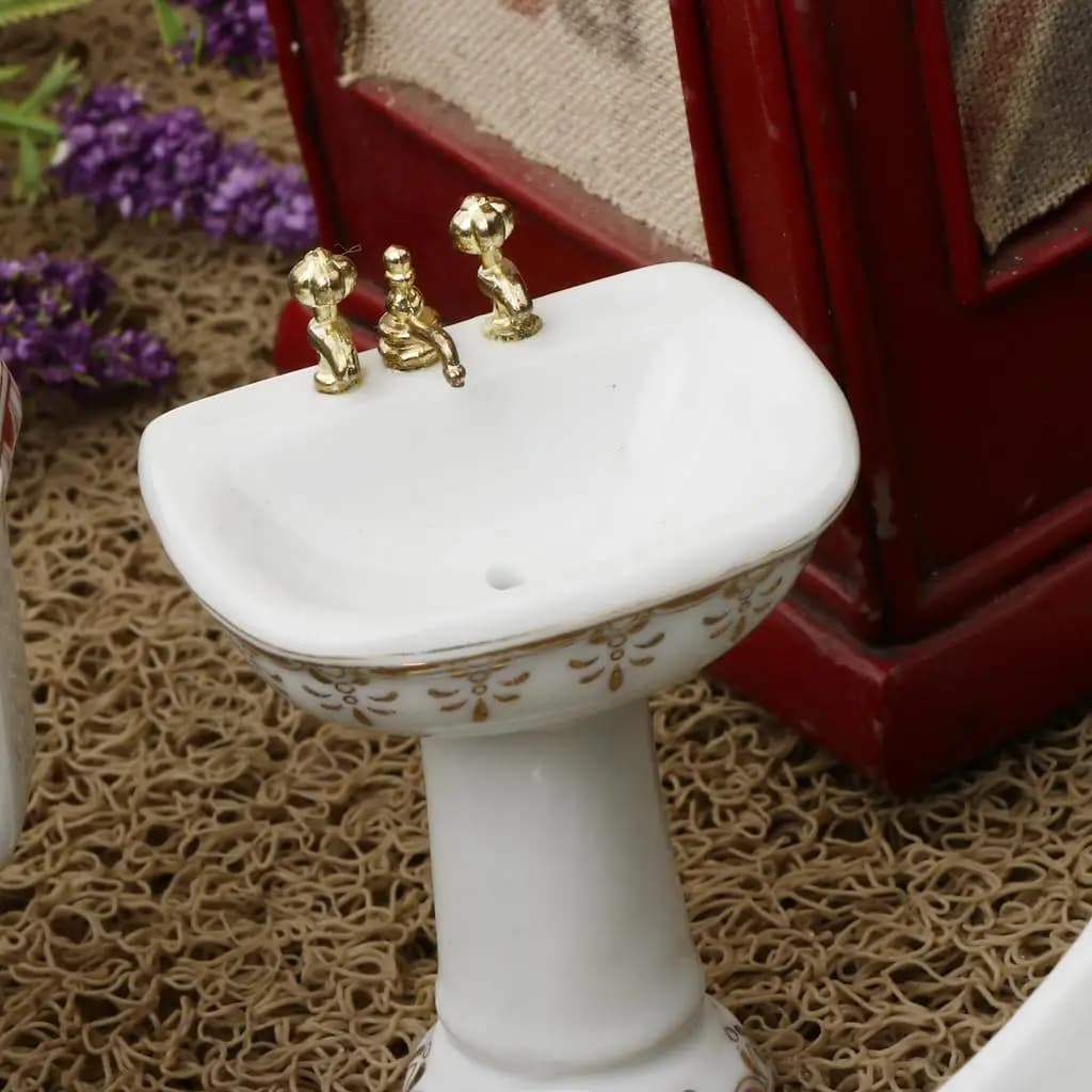 Set Bagno in Ceramica per Casa delle Bambole, Vasca da Bagno, WC, Lavandino, Specchio in Miniatura Scala 1:12 per Decorazioni Fai-da-Te