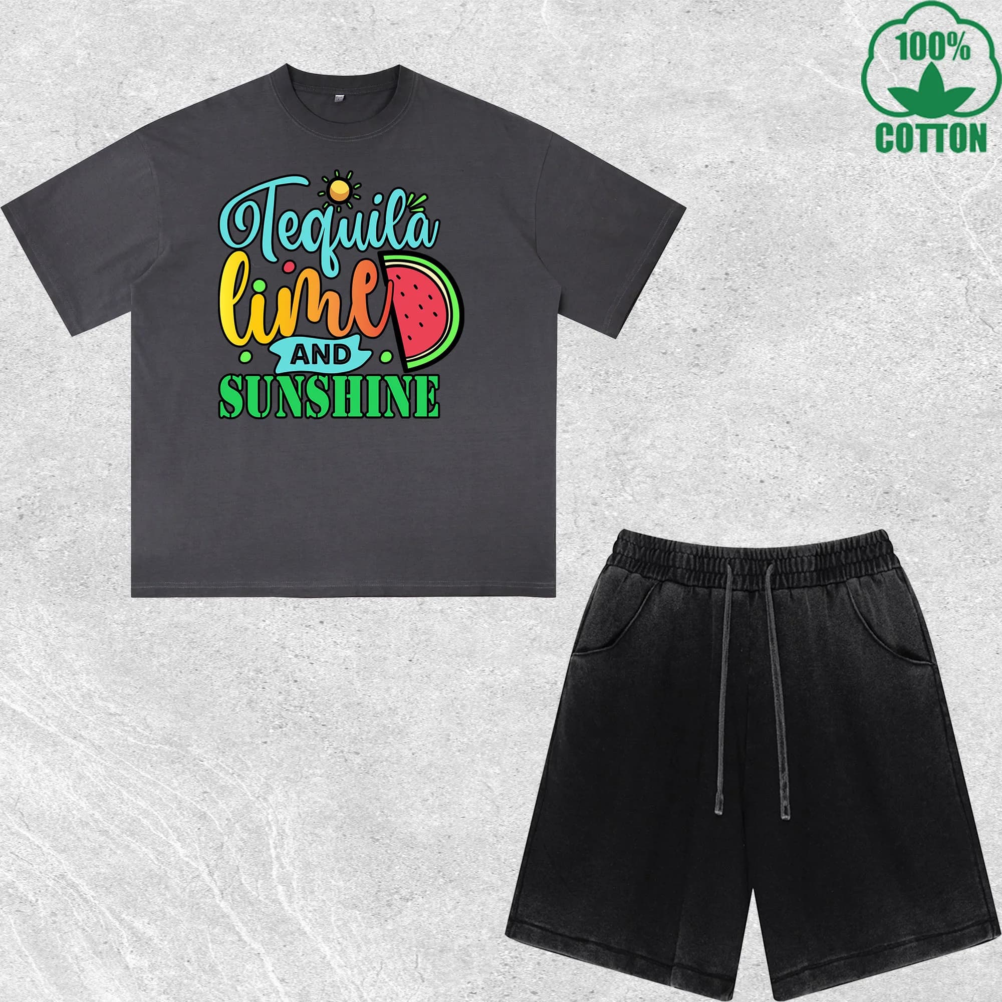 Tequila Lime and Sunshine Printed T-shirts and shorts set, dirty washing, multicoloured, wide fit, fashionable, 100% cotton