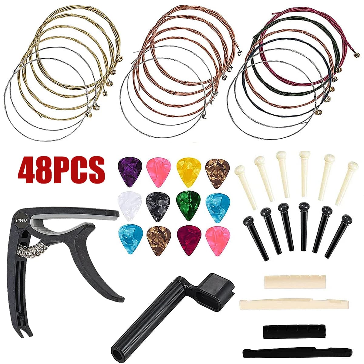 Kit di accessori per chitarra acustica da 48 pezzi -Capo, corde, plettri, avvolgitore, perni e selle del ponte, kit per la cura della chitarra all-in-one per principianti