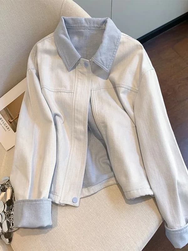 Giacca in Denim Azzurro con Colletto Patchwork, Stile Casual Oversize da Donna, Nuovo Design Autunnale, Chiusura con Cerniera, Manica Lunga