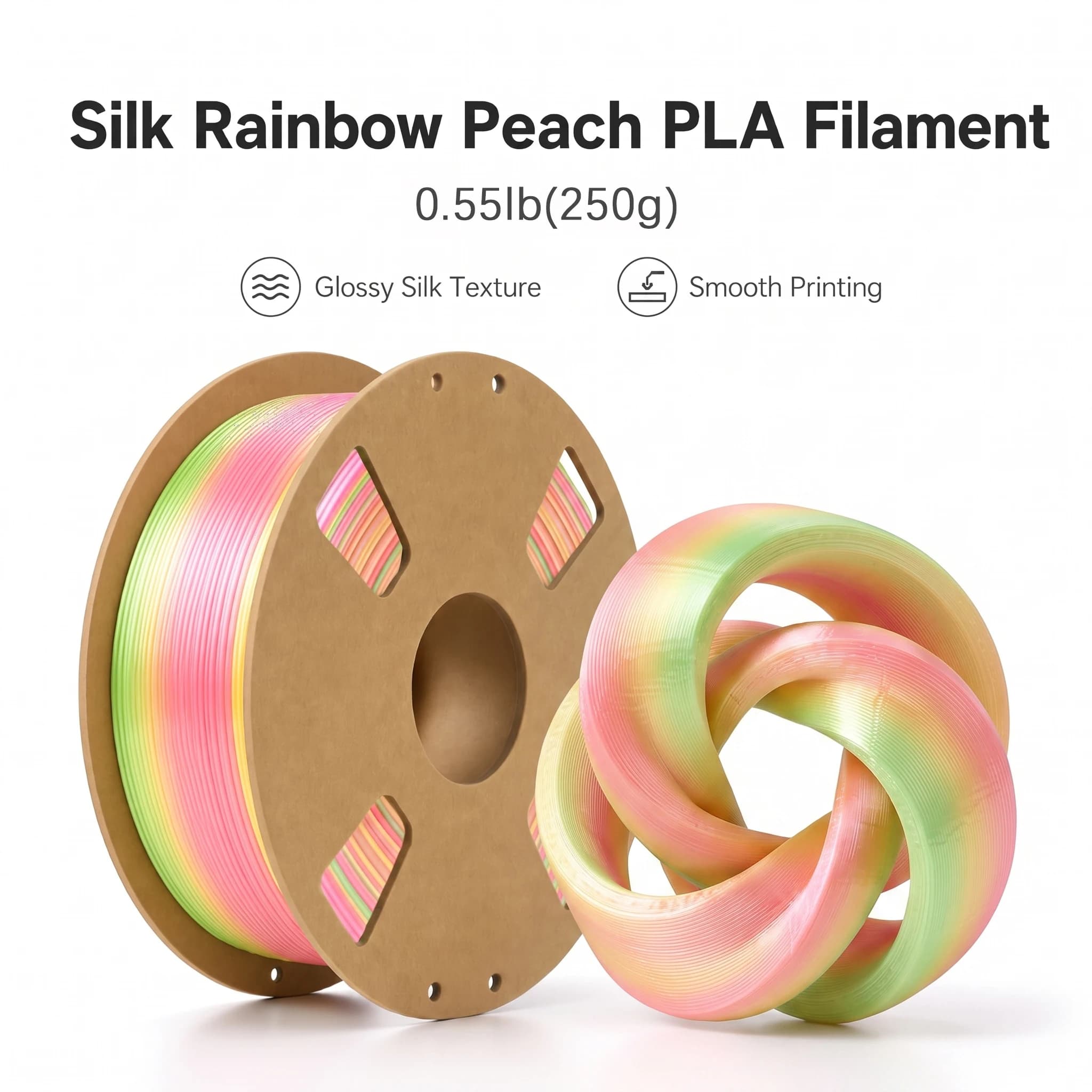 Silk Peach Gradient Rainbow PLA Filament 1.75mm, 200/250/500/1000g, Fits Most FDM 3D Printers
