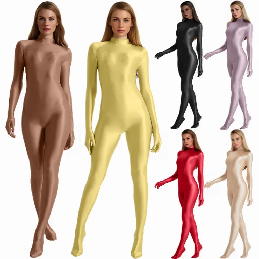 Women's Oil Stretch High Collar Belt Coverall Long Sleeved Gloves Zentai Yoga Fitness Costumes Cosplay Suit