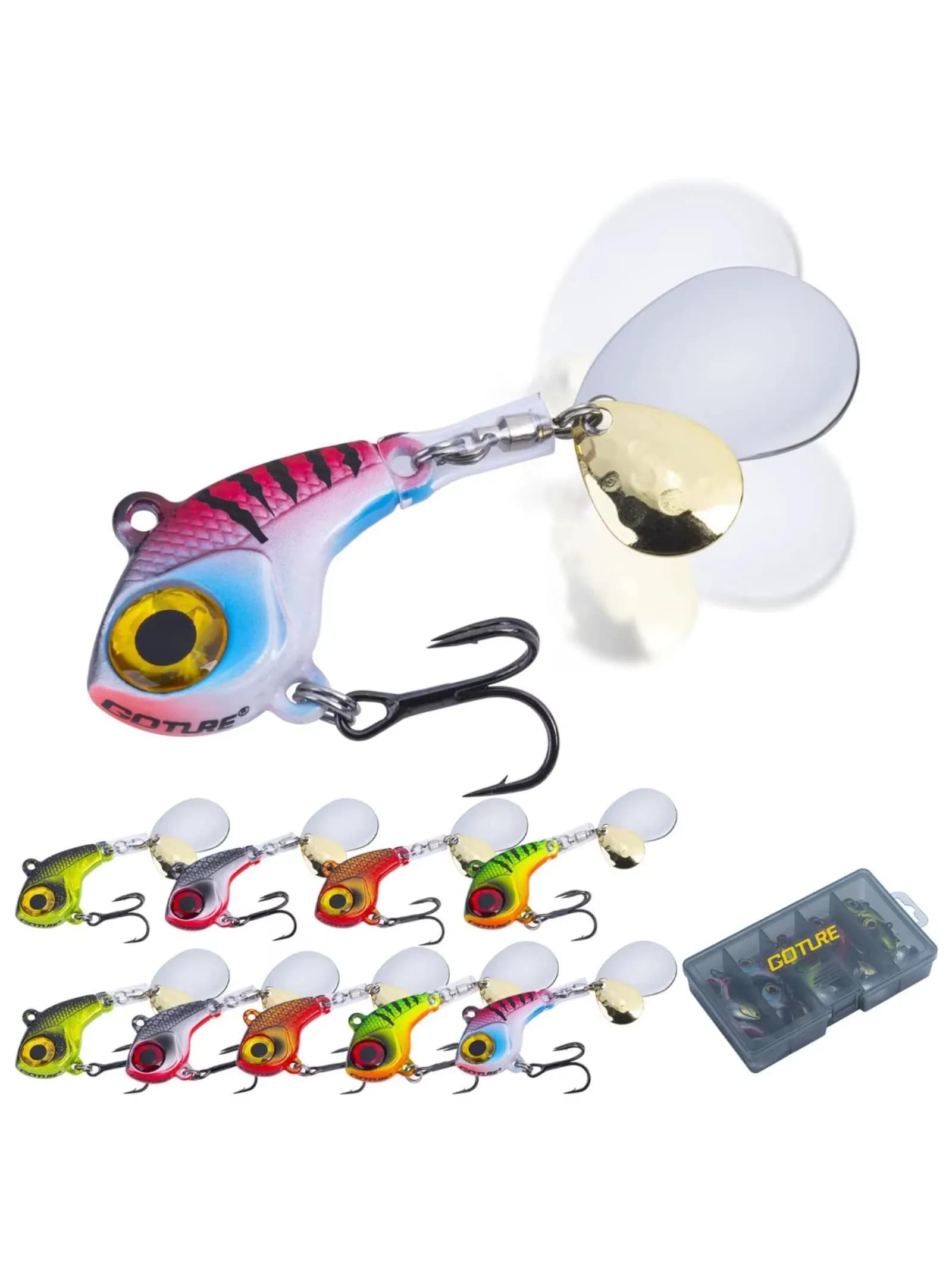 Gotures VIB Tail Spinners Set of baits Bidirectional Spinning Knitting Triple Hook Fixed Anti-Brink Pipe with Storage Box Fishing equipment