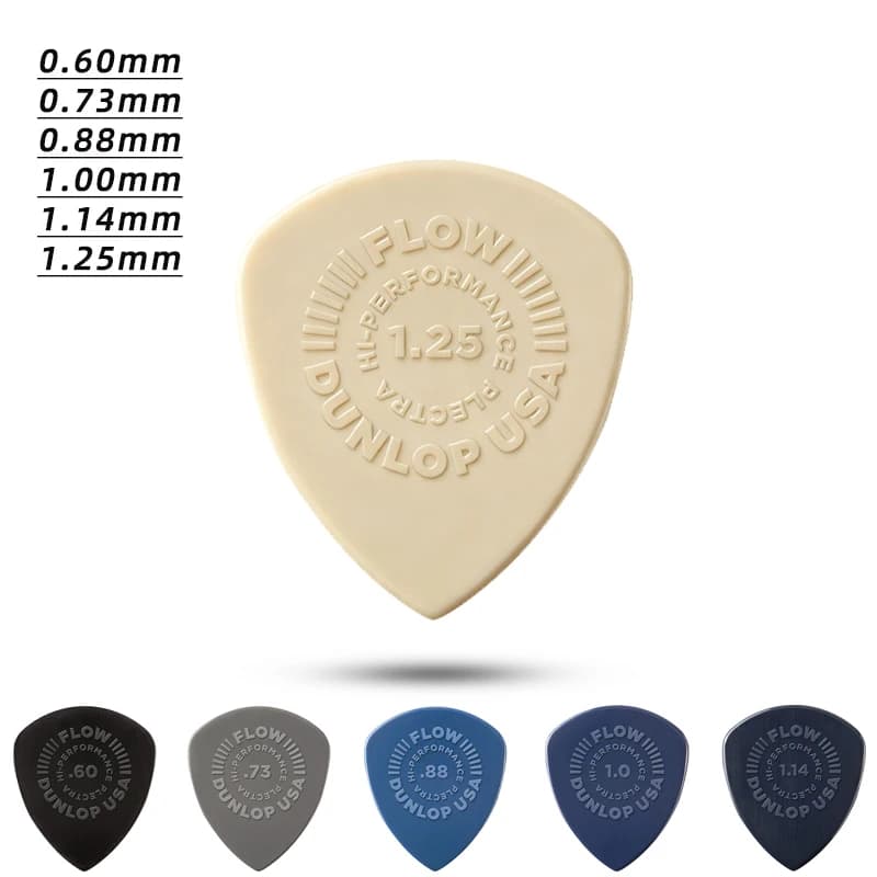 Plettri per chitarra.Serie FLOW 541R. Materiale in nylon. Resistente all'usura, previene scivoloso, spessore 0,60/0,73/0,88/1,00/1,14/1,25 mm.