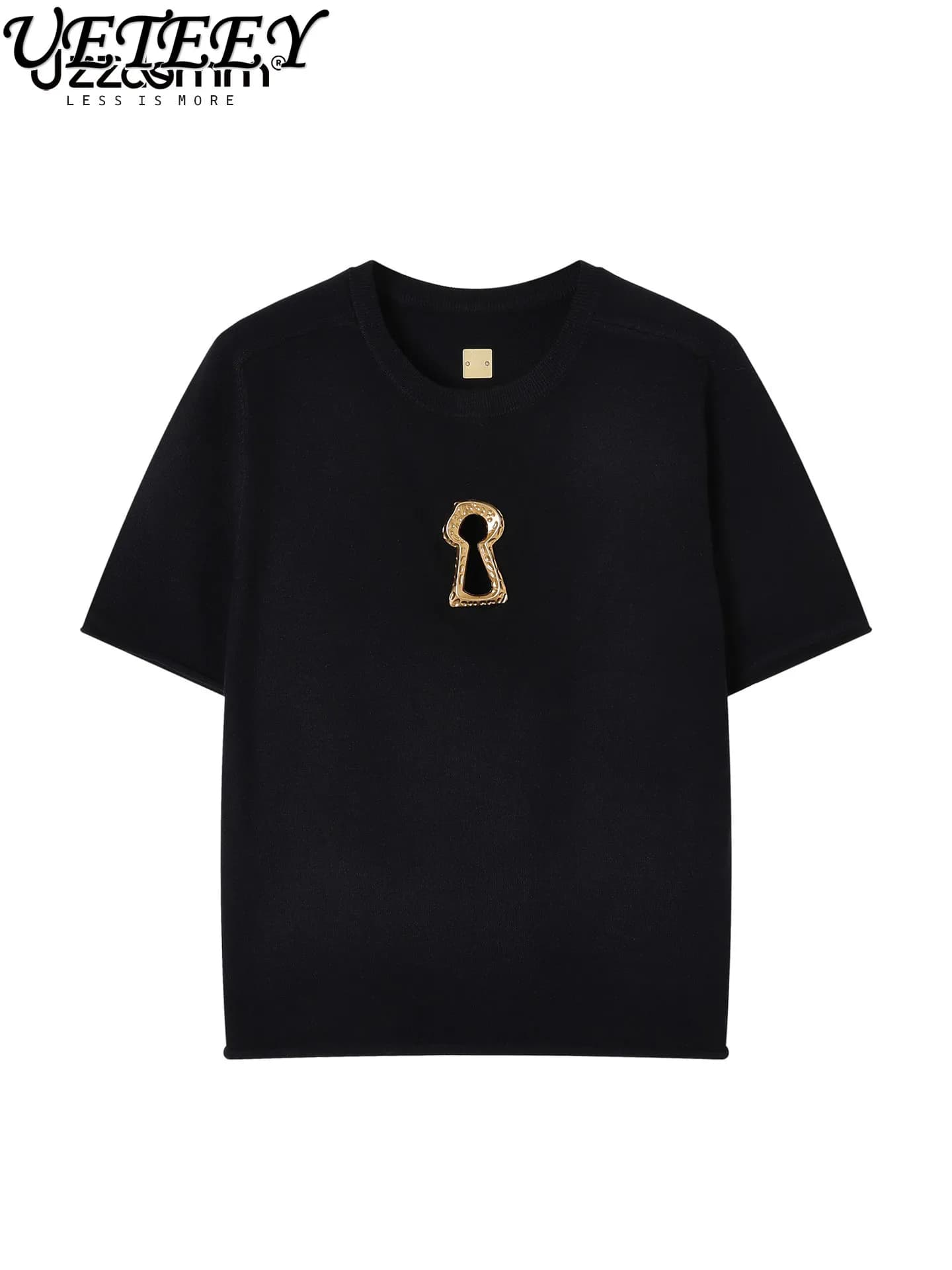 Maglione da Donna a Maniche Corte con Bordo Arrotolato Decorativo in Metallo, Versatile, Nero e Bianco, T-shirt Trendy