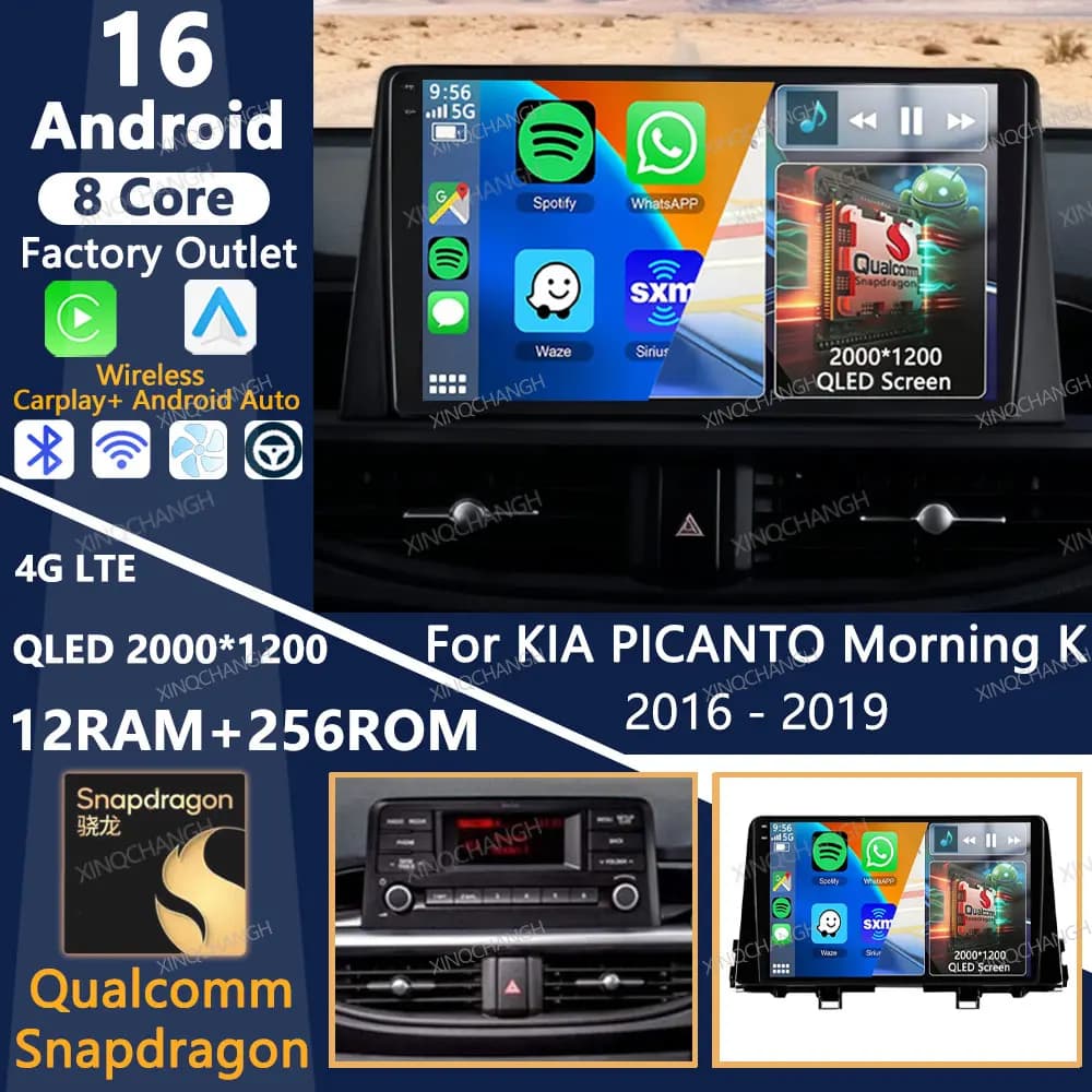 Android 16 Car Radio For KIA Morning 3 Picanto 2016 2017 2018 2019 2020 - 2023 Qualcomm GPS BT Carplay Auto Head Unit 2DIN QLED