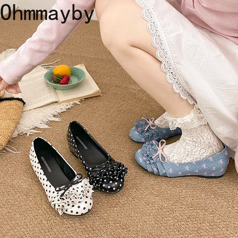 Scarpe Mary Jane a pois da donna, con volant, rialzo interno, suola morbida, slip-on, comode per tutti i giorni, eleganti.