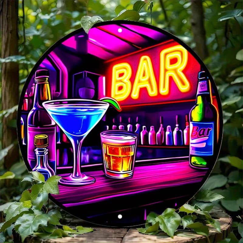 2D Flat, Vintage Neon Bar Sign with Cocktail Pattern - 7.8-inch Round Wooden Wall Art, Perfect for Bars, Cafes, Beach Houses