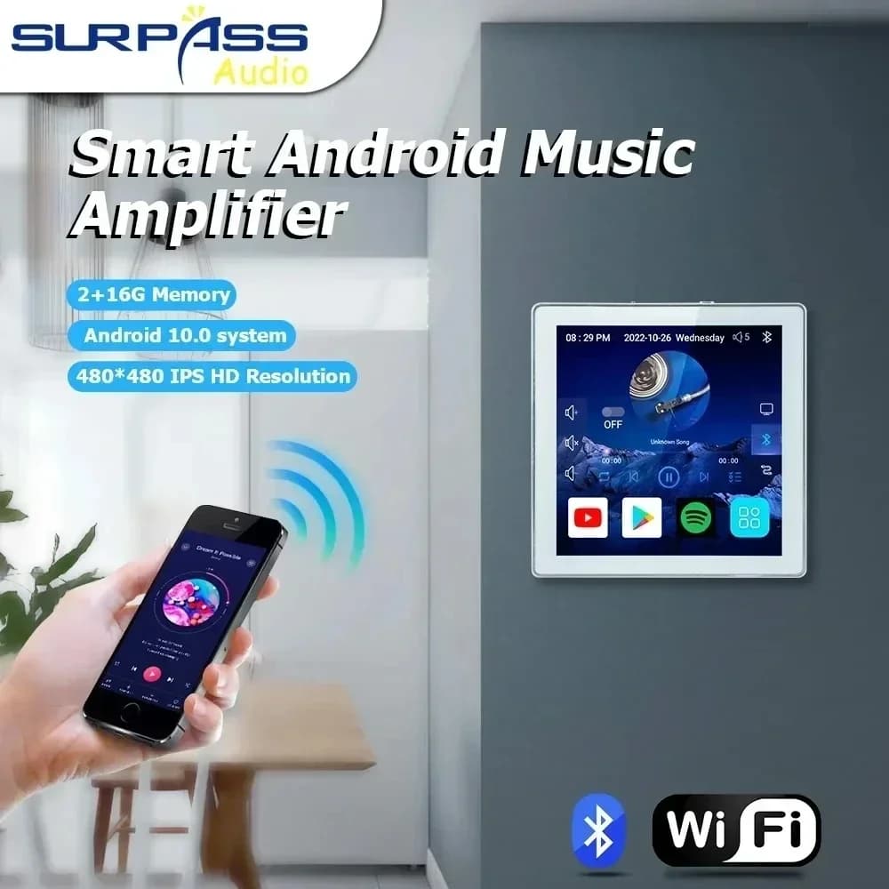 Amplificatore da Parete per Home Theater con Suono Stereo, Wi-Fi, BT, Schermo Touch da 4'', Android 10.0, Supporto Controllo Vocale e Telecomando, Lettore Musicale