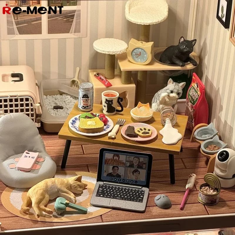Re-ment Capsule Eat Play Cat La mia vita quotidiana con gatti Gabbia per gatti Divano per dormire Scrivania per computer Albero per gatti Scatola cieca da tavolo in miniatura