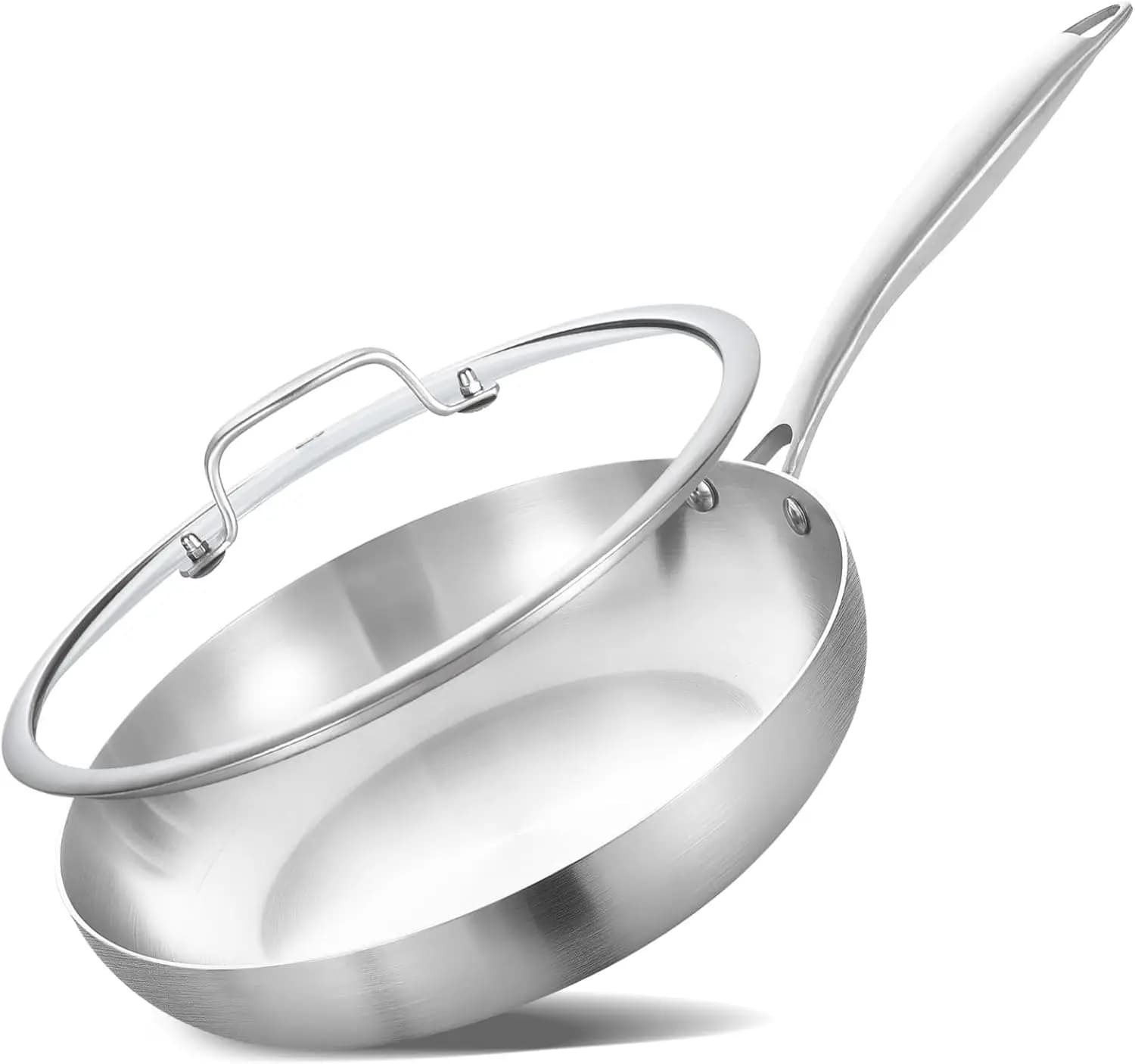 Small Skillet, Induction Cooking Pan, 8 Inch Tri ply Stainless Steel Frying Pan with Lid, Dishwasher and Oven Safe