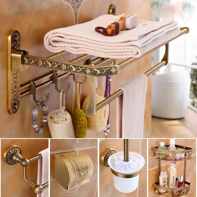 Tuqiu Accessori da bagno Mensola da bagno antica Accessori da bagno in alluminio Porta asciugamani, Porta carta Porta scopino, ganci