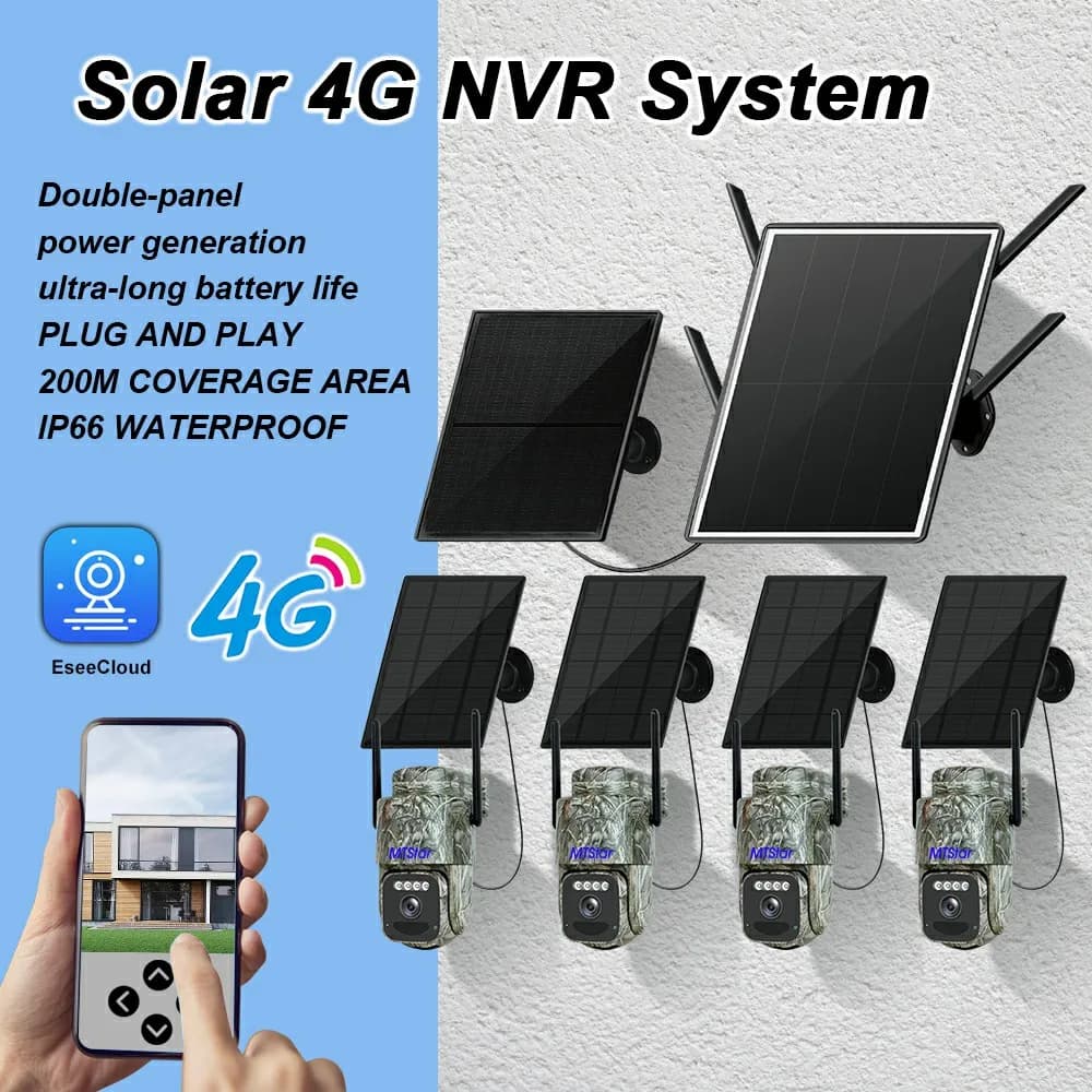 MTStar Sistema di telecamere PTZ solare 4G IP66 Visione notturna a colori impermeabile Rilevazione PIR Monitor di sicurezza audio bidirezionale NVR EseeCloud