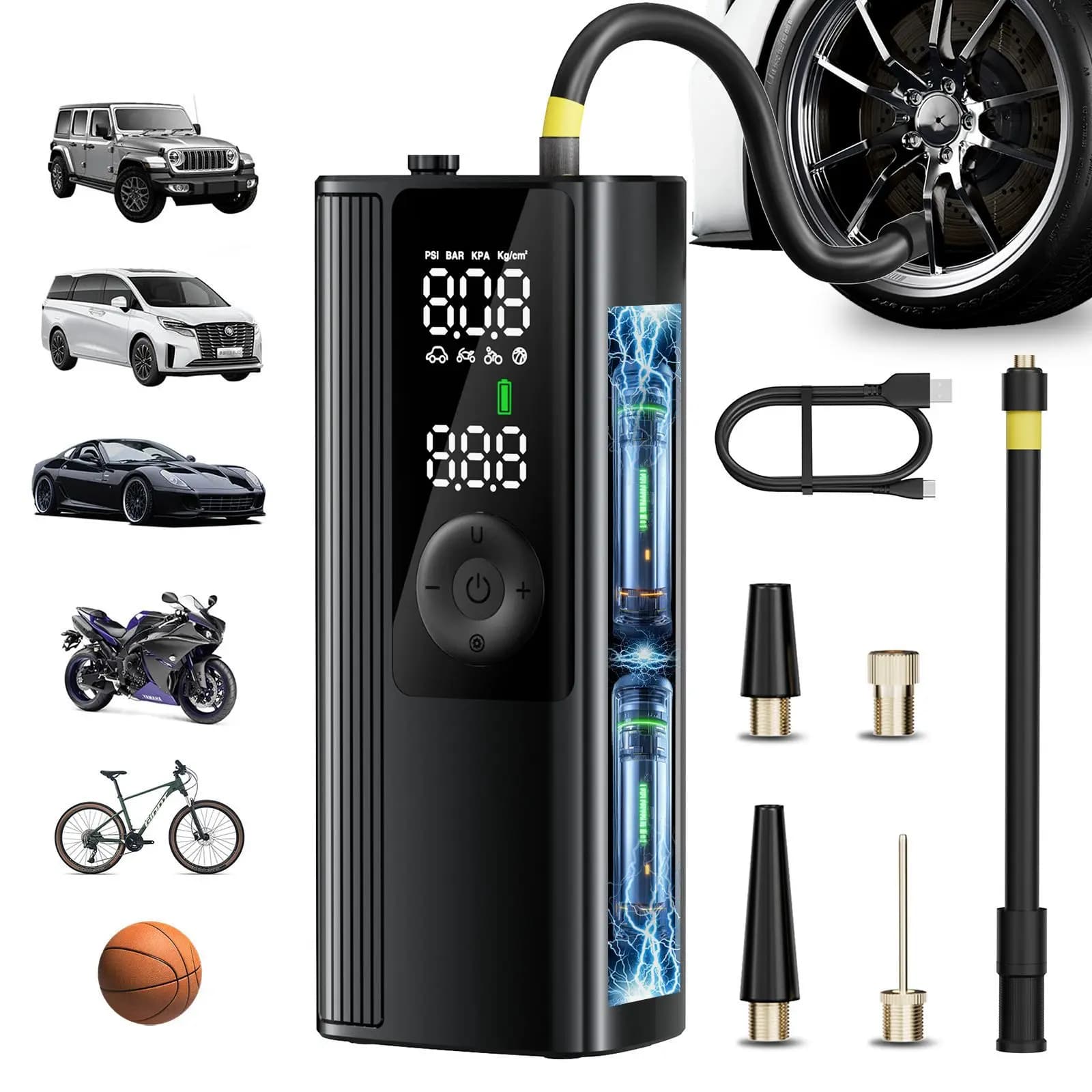 Gonfiatore elettrico portatile ricaricabile da 150 psi per pompa di gonfiaggio per moto da calcio con compressore d'aria digitale per bicicletta per auto