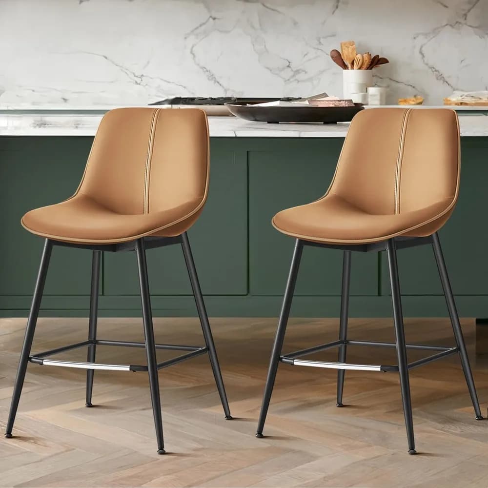Set di 2 sgabelli da bar, sgabelli da bar ad altezza bancone con schienale, schienale ergonomico, pelle sintetica, gambe in metallo, barra alta 24,4 pollici