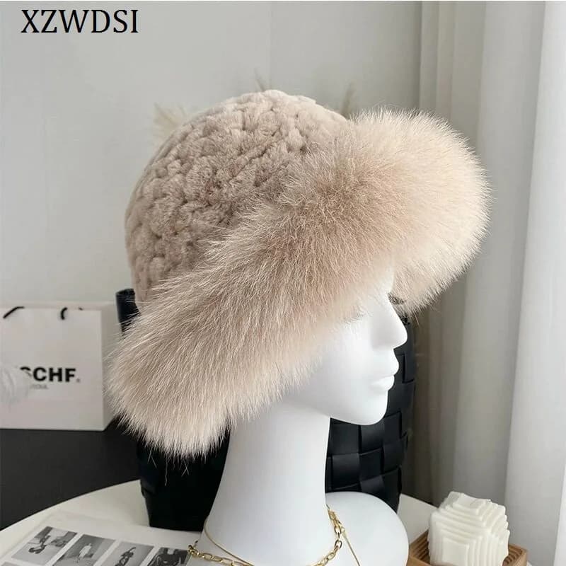 Luxury Knitted Real Genuine Fox Fur Hats Women Beanies Solid Rex Rabbit Fur Caps Winter Lady Fashion Fur Skullies Hat