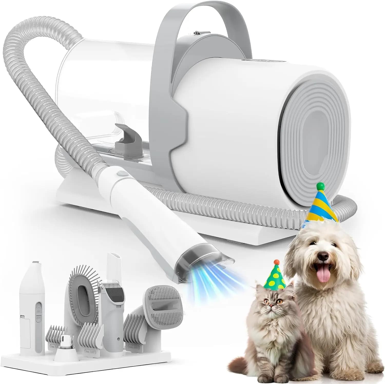 Kit Aspirapolvere per Toelettatura Cani con 7 Strumenti, Contenitore Polvere da 2,5L, 11000Pa per la Rimozione del Pelo di Animali Domestici e la Pulizia della Casa